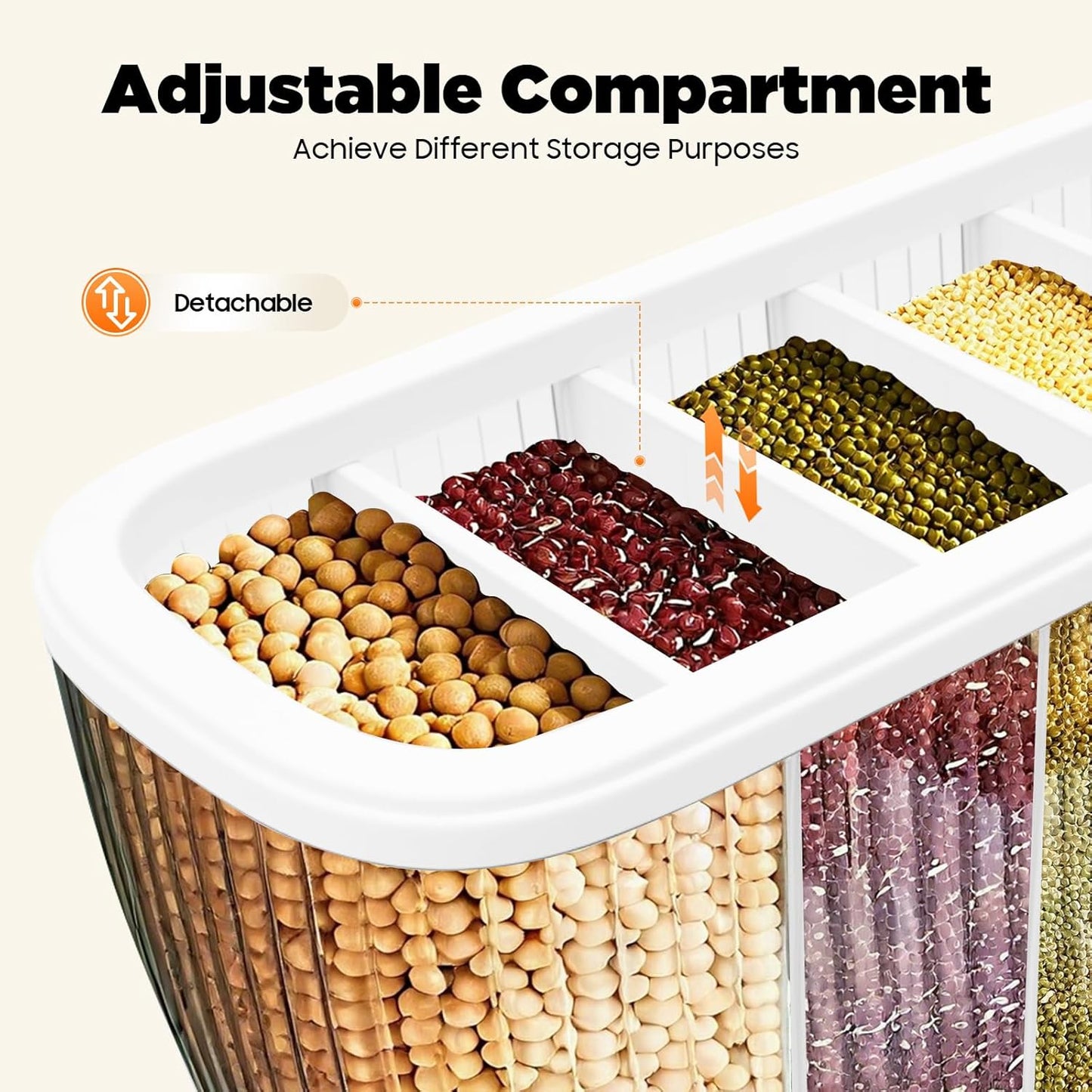 Food Storage Containers with 6 Divisions,Wall mounted 6 Grid Beans Dispenser,22Lbs Cereal Containers for Storing Flour & Sugar & Rice & Cereals & Nuts & Beans & Coffee
