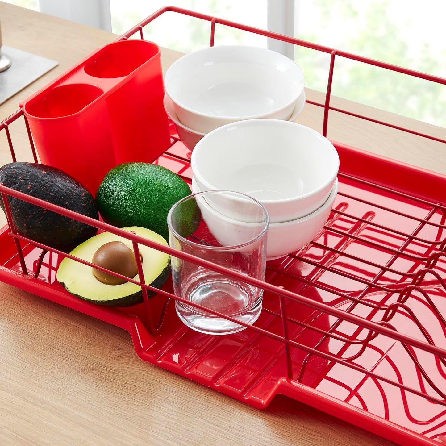 Sweet Home Collection Space-Saving 3-Piece Dish Drainer Rack Set Efficient Kitchen Organizer for Quick Drying and Storage Includes Cutlery Holder and Drainboard Maximize Countertop Space, Bright Red