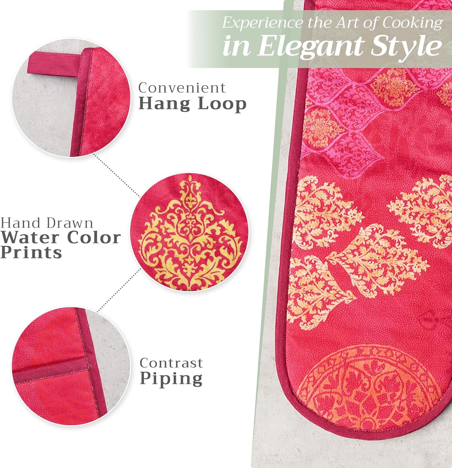 Maison d' Hermine Double Oven Mitts 100% Cotton 7"x35" Double Oven Mitt Heat Resistant BBQ Cooking Gloves with Loop, Baking, Grilling, Home, Kitchen, Handling Hot Pans (Versailles)