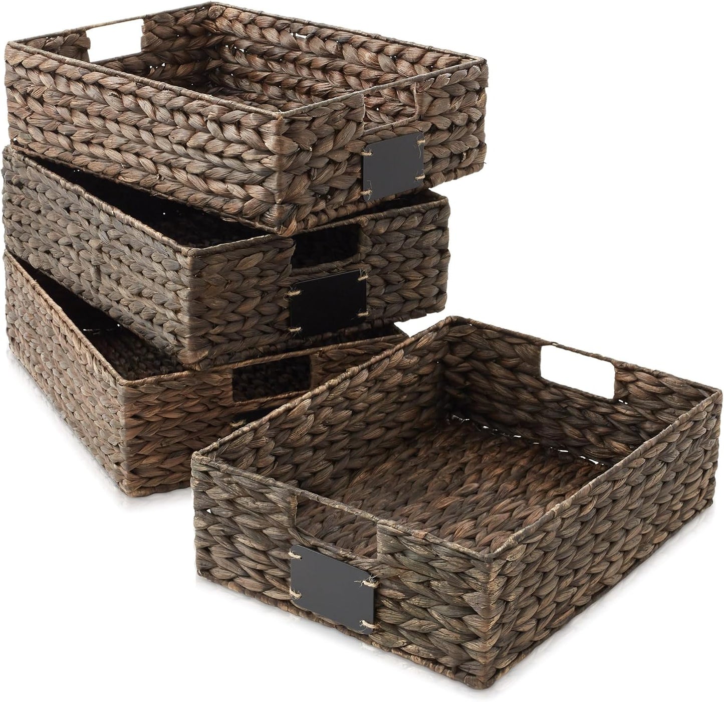 Casafield Set of 4 Water Hyacinth Pantry Baskets, 12-1/2" x 17" x 5", with Chalkboard Labels and Chalk Marker - Espresso, Woven Storage Bin Organizers for Kitchen Shelves