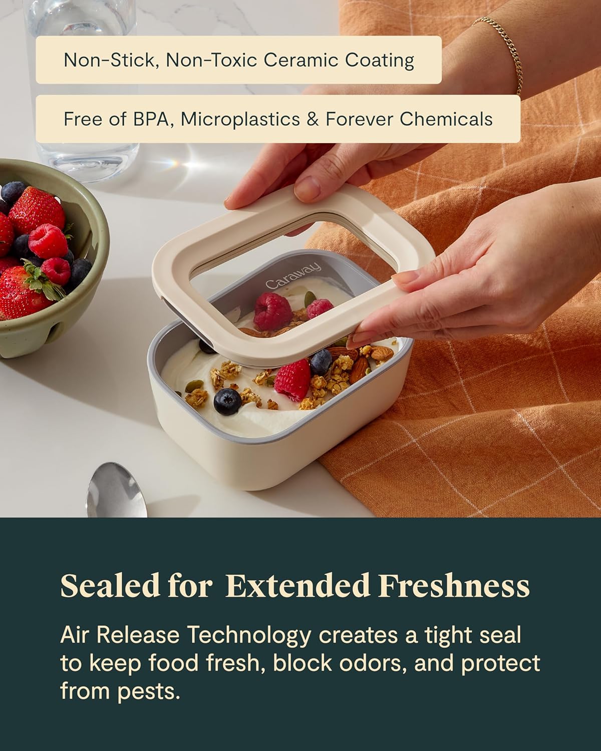 Caraway Mini Rectangle Food Storage Container - 2.6 Cup Glass Storage Container for Food - Non-Toxic Ceramic-Coated Glass - Air Release Technology - Compact & Stackable Design - Cream