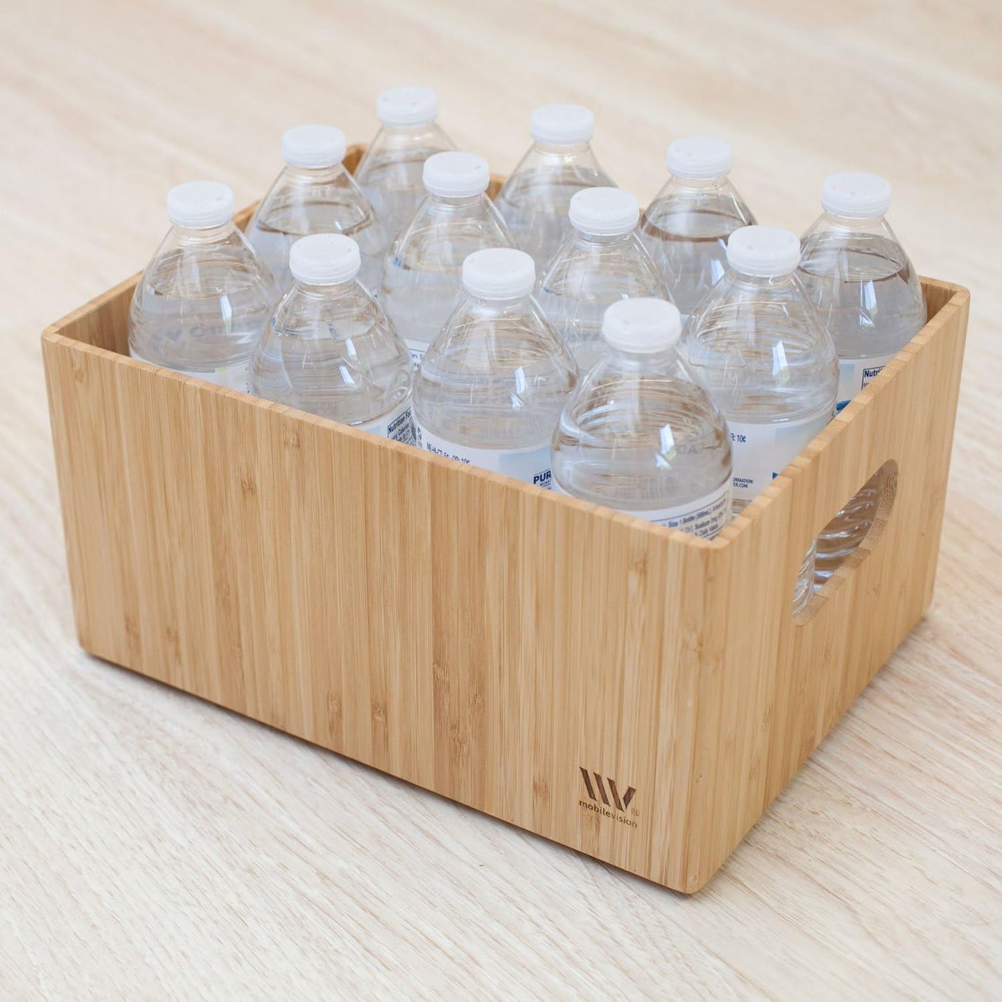 MobileVision Bamboo Storage Box Multi-Purpose Organizer for Kitchen Supplies Holder, Fruit Bin, Cabinets, Pantry with built in handles, stackable, 12” x 9” x 6” With White Clip Included