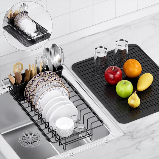 Stainless Steel Expandable Dish Drying Rack with Silicone Drying Mat and Removable Cutlery Holder for 14''-19'' Kitchen Sink
