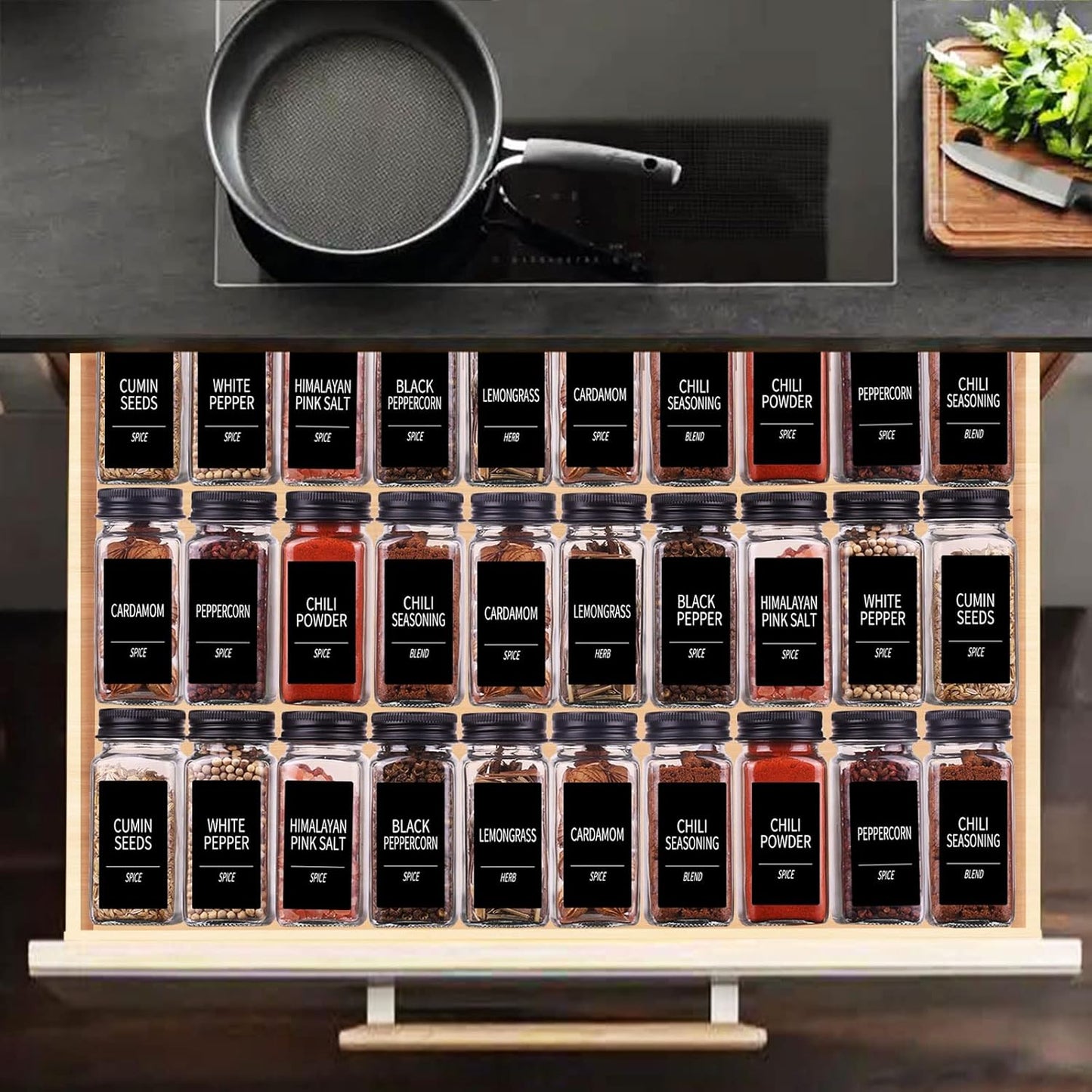Churboro 36 Spice Jars with 547 Labels- Glass Spice Jars with Black Metal Caps, 4oz Empty Spice Containers with Shaker Lids, Funnel, Chalk Pen, Square Seasoning Bottles for Spice Rack, Drawer, Cabinet