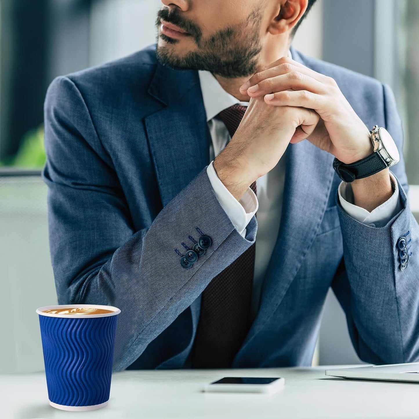JollyPack 120 Pack 8 oz Paper Coffee Cups, Blue Disposable Beverage Cups with Insulated Ripple Wall for Coffee, Tea, and Hot Chocolate