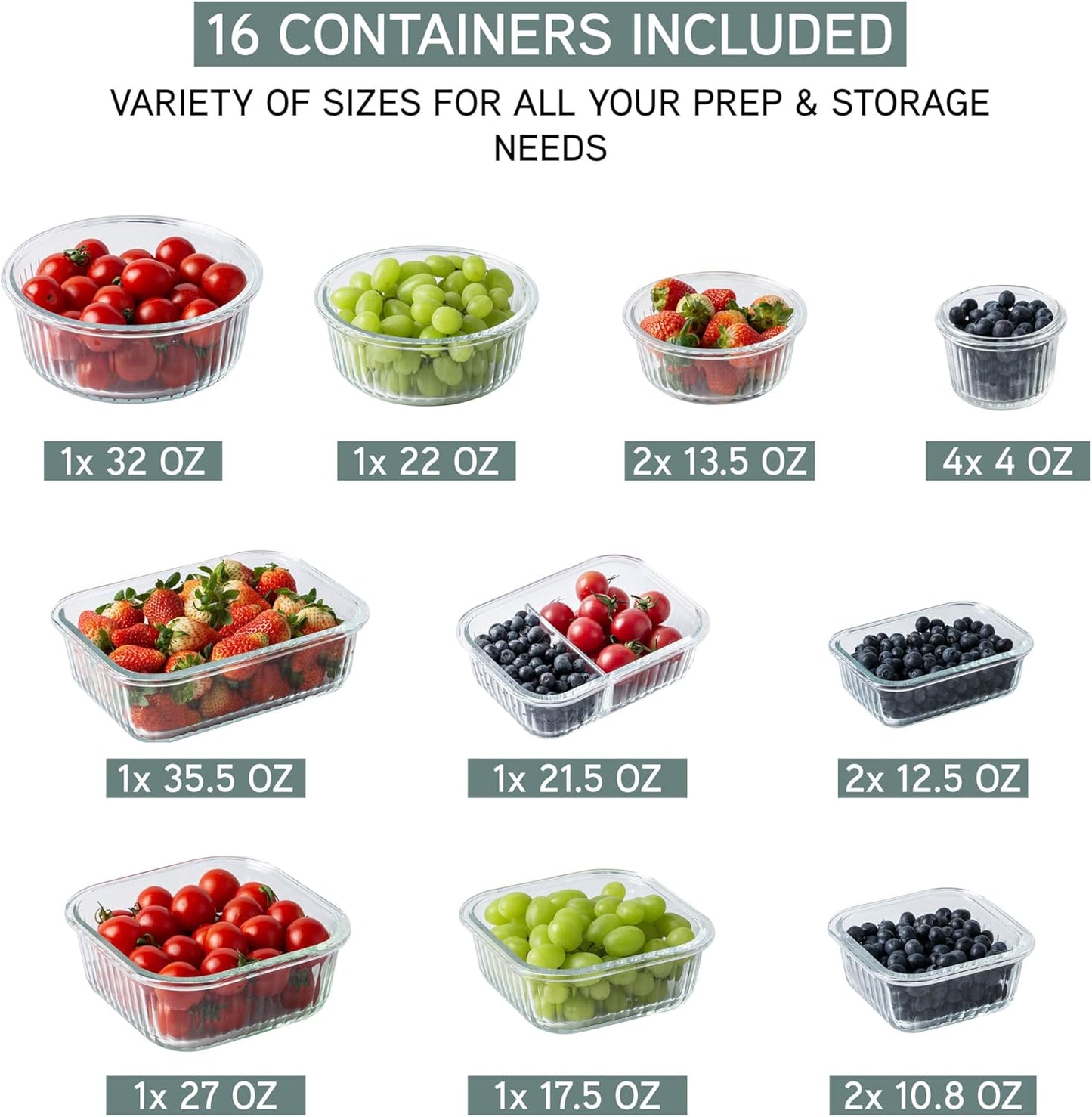 COOK WITH COLOR Premium 32-Pc. Borosilicate Glass Food Container Set with Dividers - 4 Rectangles, 8 Rounds, 4 Squares - Leakproof Lids - Meal Prep, Storage, Fluted Ombre Green