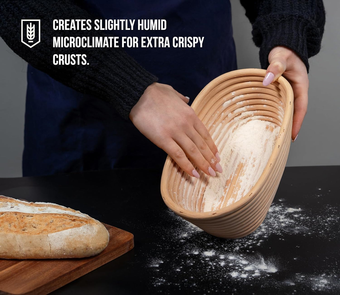 Kook Banneton Bread Proofing Baskets, Artisan Sourdough Bread Making Baskets, 9.8 Inch Handwoven Rattan Baskets and Cloth Liners, Set of 2, Oval