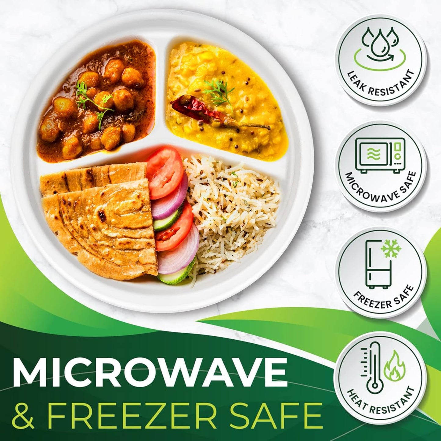 150-Piece 100% Compostable 10in Paper Plates, 3-Compartment Heavy Duty Disposable Eco-Friendly Biodegradable Sugarcane Fiber Plates