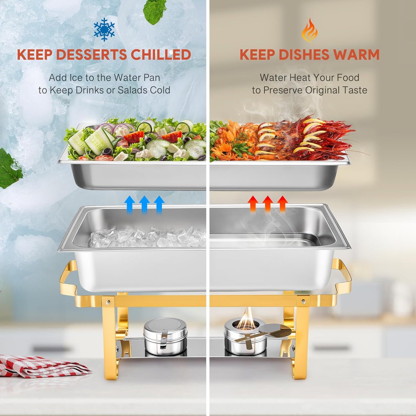 WILPREP Chafing Dishes for Buffet, 2 Pack 9 qt Chafer and Buffet Warmer Set with Full Size Pans & Foldable Frames, Food Grade Stainless Steel Food Warmers for Parties Buffets Banquets, Gold & Silver