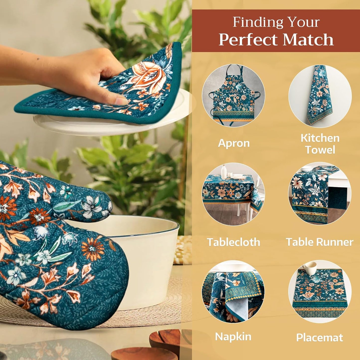 Maison d' Hermine Oven Gloves 100% Cotton Oven Mitt 7" x 13" with Loop Heat Resistant, BBQ, Cooking Gloves, Baking, Grilling, Kitchen, Handling Hot Pans (Pack of 1, Luxury Loft-Dark Teal)