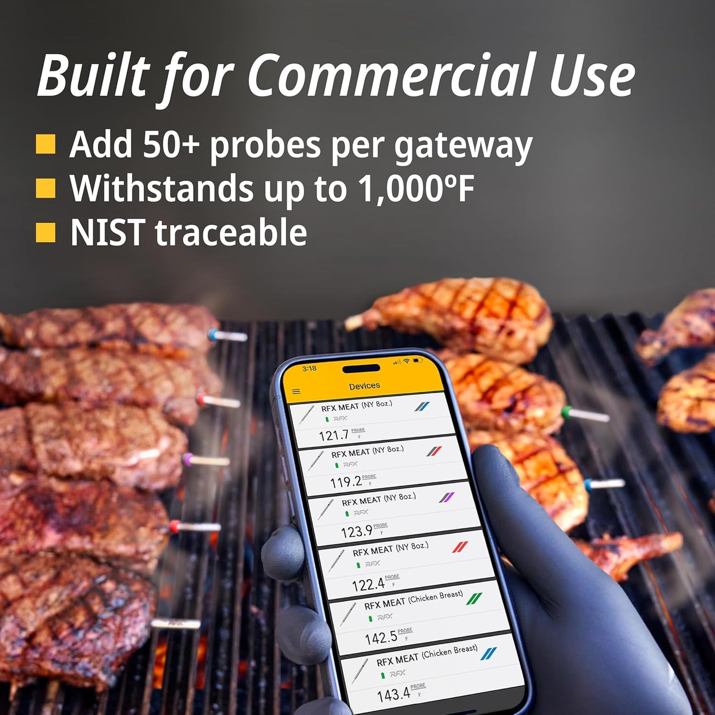 RFX | Smart Wireless Meat Thermometer | Wi-Fi & Radio Frequency | Stronger Signal Than Bluetooth | Meat Probe for Use in Smoker, Grill, BBQ, Oven - 6-Probe Kit