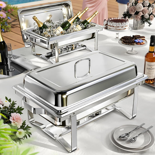 Chafing Dishes for Buffet 4 Pack, 9QT Chafing Dish High Grade Stainless Steel Chafer Complete Set,Steel Handle, Catering Events Complete Buffet Warmer Set (Silver, 2)