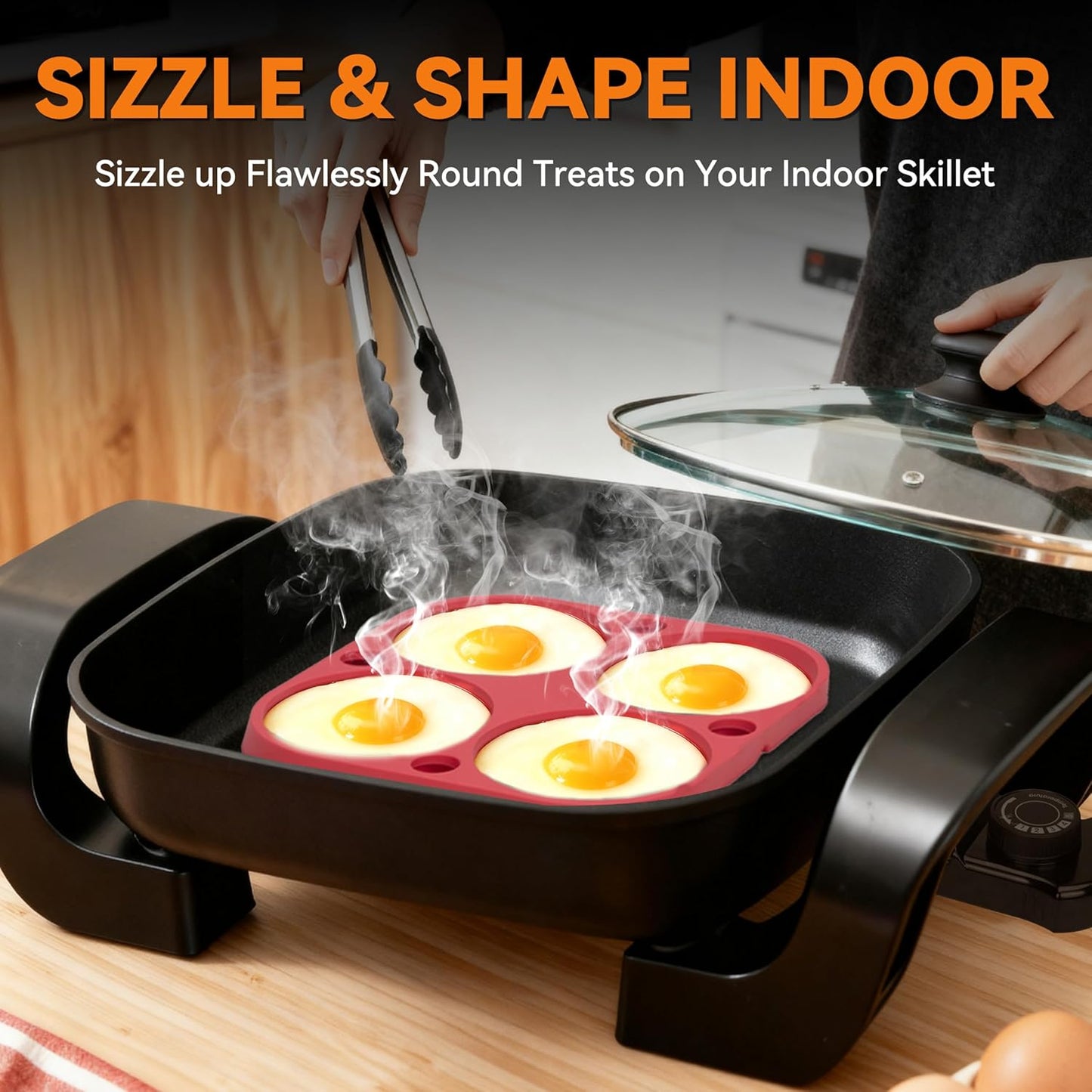 Baker's Friend 4-Round Silicone Egg Rings for Frying Eggs & Pancake, Pancake Shaper, Non-Stick & Heat-Resistant, Red