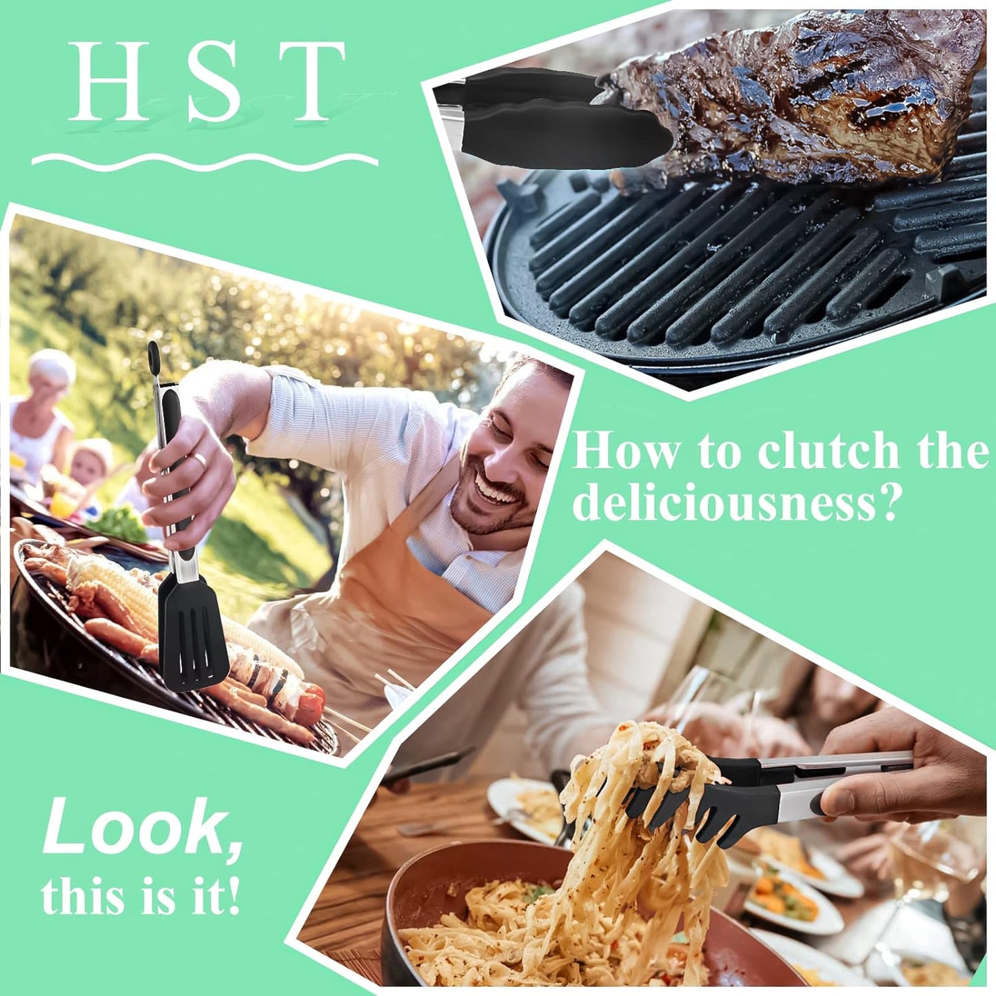 HST Tongs for Cooking with Silicone Tips(3 Pack), Non Stick Kitchen Tongs with Silicone Tip for Cooking BBQ Baking (9", Black)