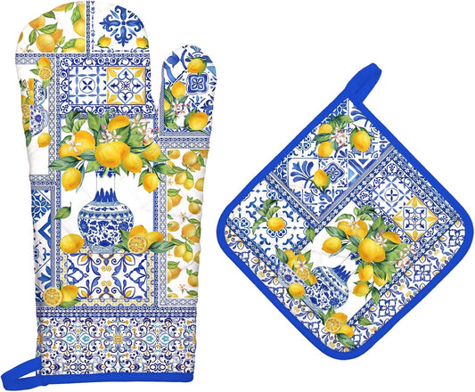 Yellow Lemon Oven Mitts and Pot Holders Sets 2Pcs, 100% Cotton Heat Resistant, Extra Long Oven Gloves Potholder for Kitchen Cooking Baking Decoration