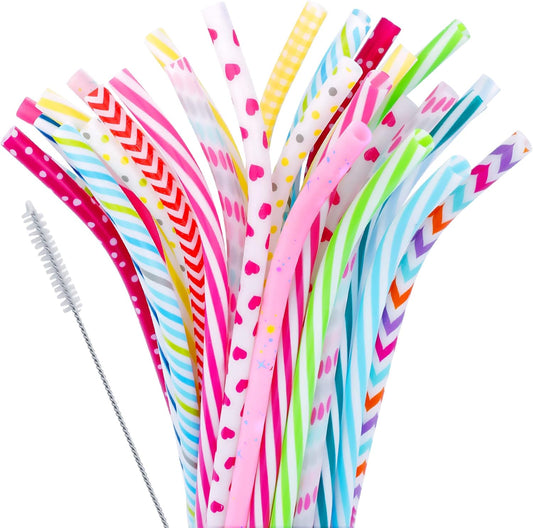 JANYUN 30 Pieces Reusable Plastic Straws BPA-Free 9" Colorful Printing Hard Platic Stripe Drinking Straw for Mason Jar Tumbler Family or Party Use Cleaning Brush Included(Random Pattern) (Bent)