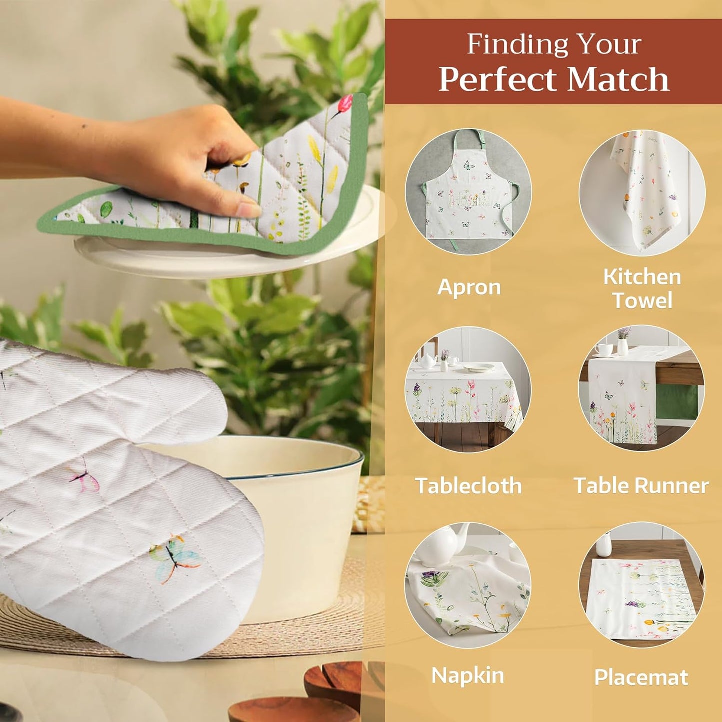 Maison d' Hermine Oven Gloves 100% Cotton Oven Mitt 7" x 13" with Loop Heat Resistant, BBQ, Cooking Gloves, Baking, Grilling, Kitchen, Handling Hot Pans Spring/Summer (Pack of 1, Botanical Fresh)