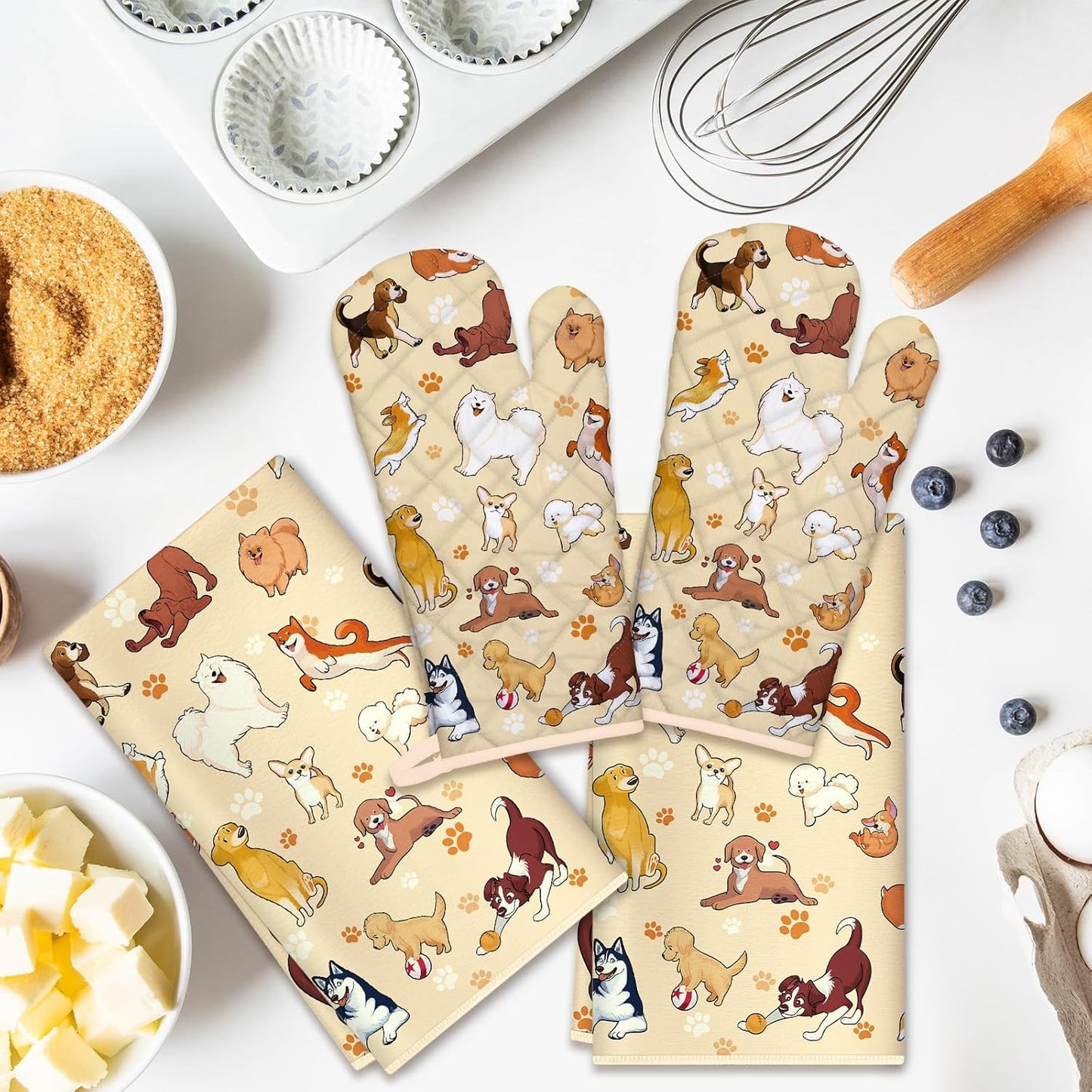 Cute Dogs Kitchen Towels and Oven Mitts Set 4Pcs, Soft Absorbent Dish Cloth Heat Resistant Oven Gloves for Cooking Baking Kitchen Decoration, Gifts for Her