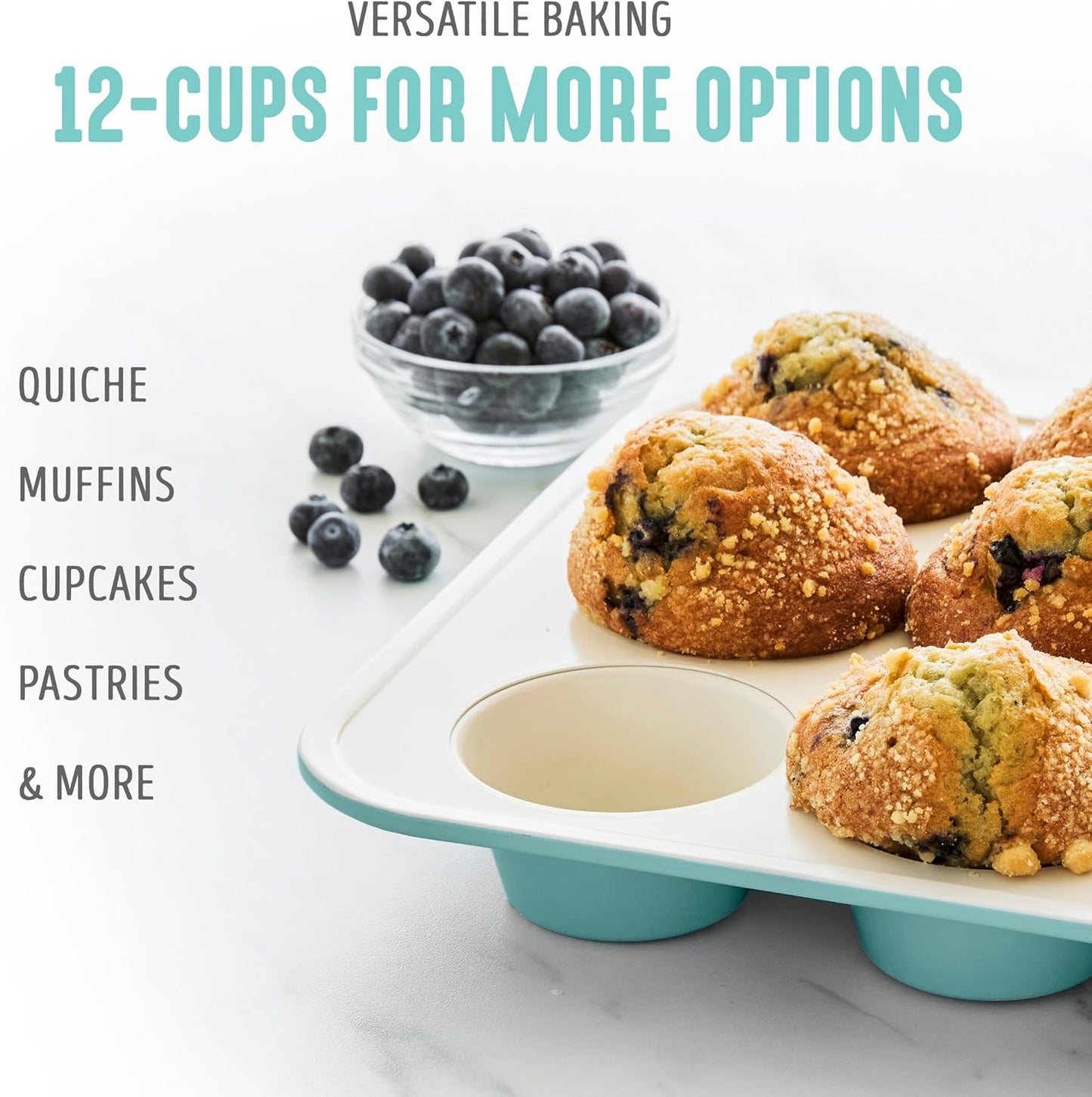 GreenLife 12-Cup Muffin Pan, Healthy Ceramic Nonstick Bakeware, PFOA & PFAS-Free Cupcake Tray, Durable Baking Pan, Versatile Kitchen Essential, Easy Clean Muffin Mold, Nonstick Baking Sheet, Turquoise