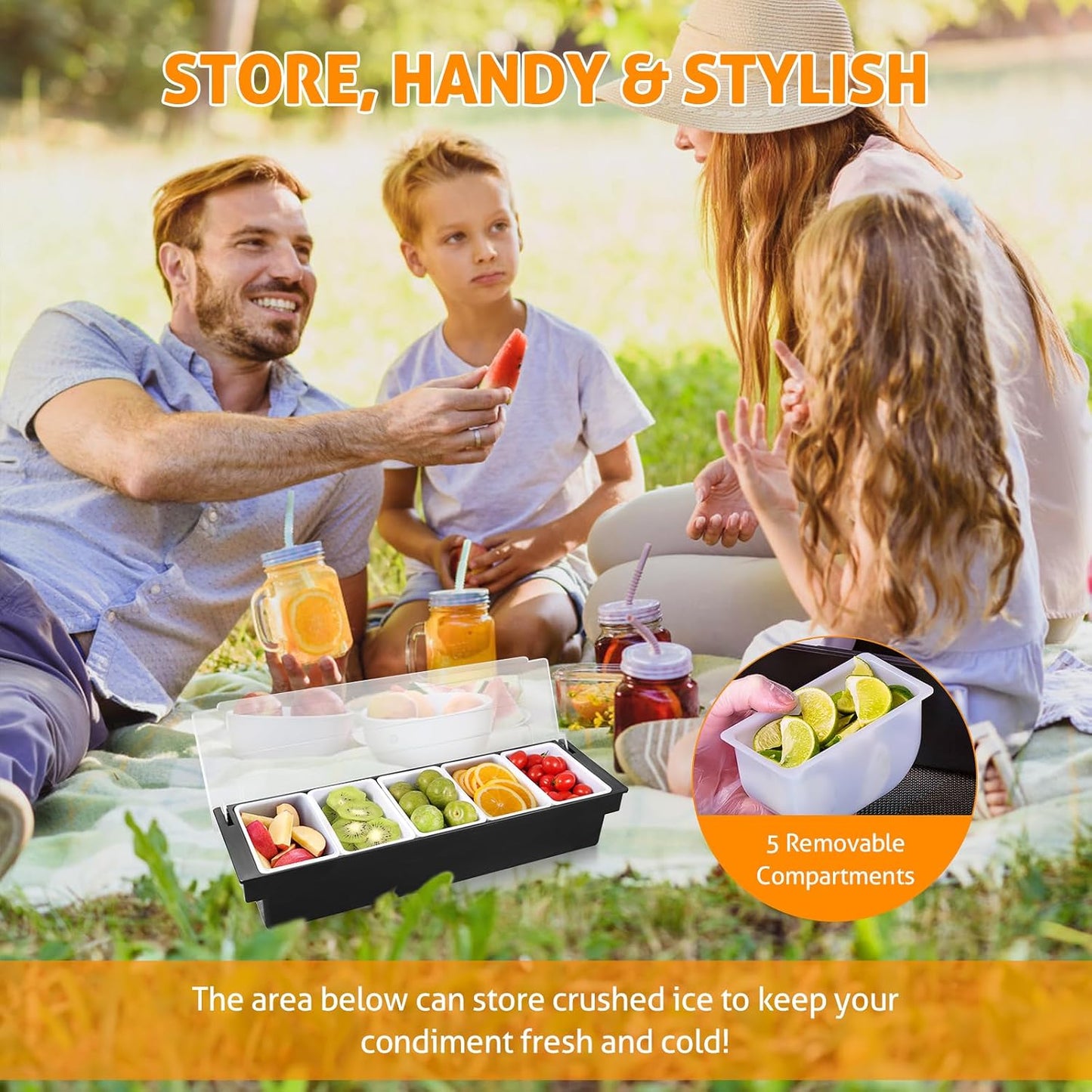 WICHEMI Fruit, Veggie & Condiment Caddy with Lid Dispenser Tray Garnish Station for Bartending & Serving Taco, Ice Cream, Salad Bar - Topping Organizer for Restaurant Supplies (5 Compartment, 2 Pack)