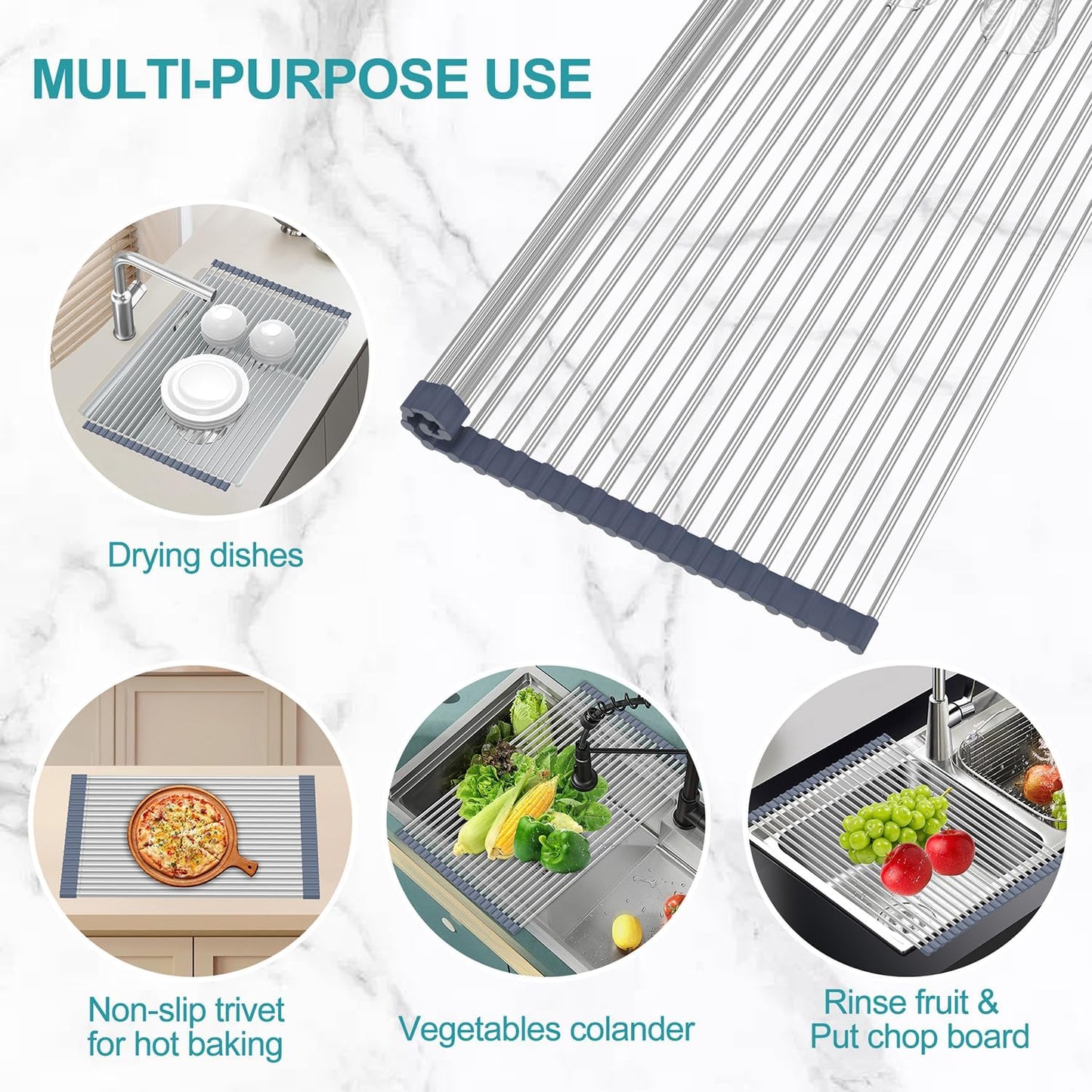 BBXTYLY Extra Large Expandable Roll Up Dish Drying Rack,Over The Sink Drying Rack Sink Cover Kitchen Sink Accessories Kitchen Rolling up Stainless Steel Drainer, Foldable,Rollable（Grey，22.8''-17''）