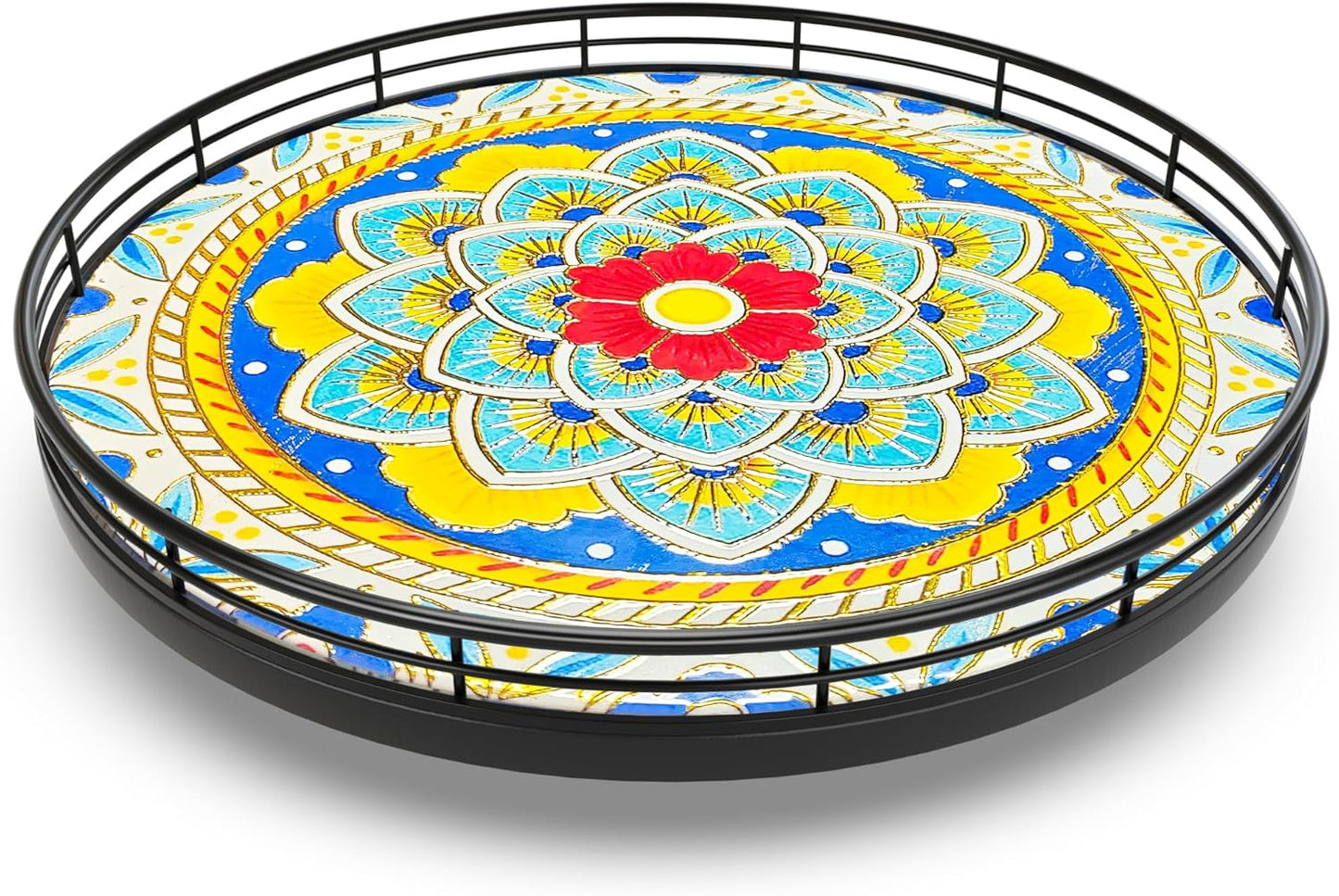 Decorative 3D Art Ceramic Lazy Susan for Table Top, 10.2" Boho Oak Wooden Lazy Susan Turntable Organizer for Dining Table Centerpiece Kitchen Countertop Coffee Table Decor Porcelain Tray Home Crafts