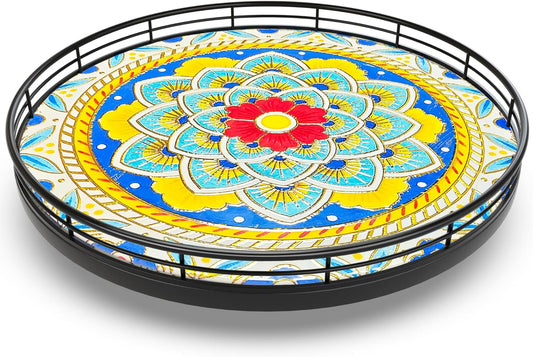 Decorative 3D Art Ceramic Lazy Susan for Table Top, 10.2" Boho Oak Wooden Lazy Susan Turntable Organizer for Dining Table Centerpiece Kitchen Countertop Coffee Table Decor Porcelain Tray Home Crafts