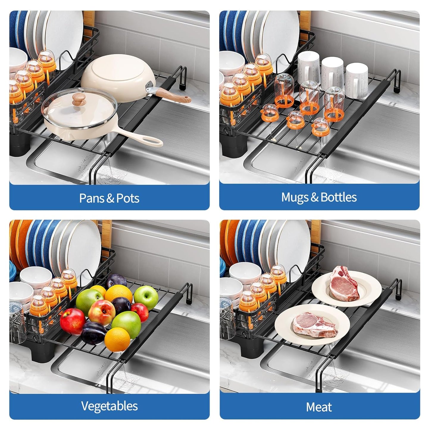 TOOLF Extendable Dish Drying Rack, 2-Tier Dish Rack for Kitchen Counter, Large Expandable Dish Drainer Over Sink, 3 in 1 Multifunction Dish Strainer with Drainboard & Cups Holder, Black