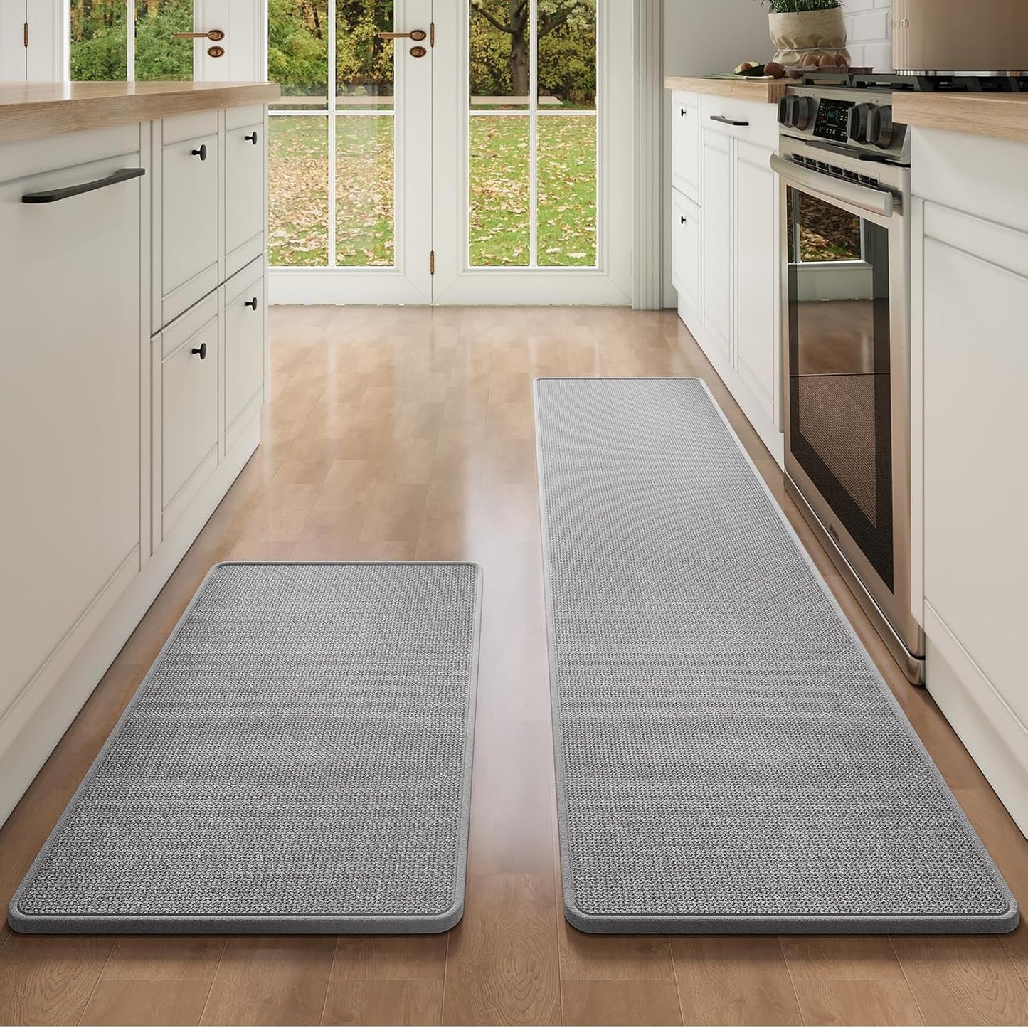 Kitchen Mat Set of 2 PCS, Kitchen Mats for Floor, Linen-Look Woven Absorbent Kitchen Runner Rugs Non Slip Washable Comfort Standing Mats for Kitchen, Front of Sink