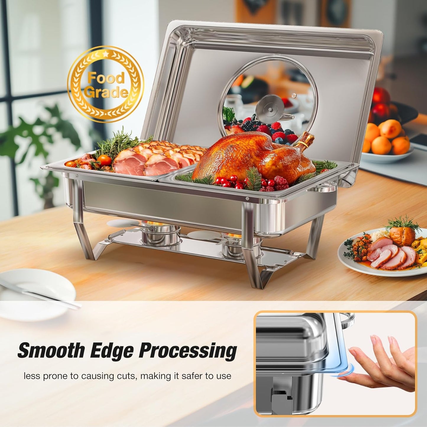 Chafing Dishes for Buffet with Glass Lid (9QT, 4Pack) - Food-Grade Stainless Steel, Rolled Edge Design, Foldable Frame, Lid Holder, Buffet Servers and Warmers Parties, Catering, Weddings