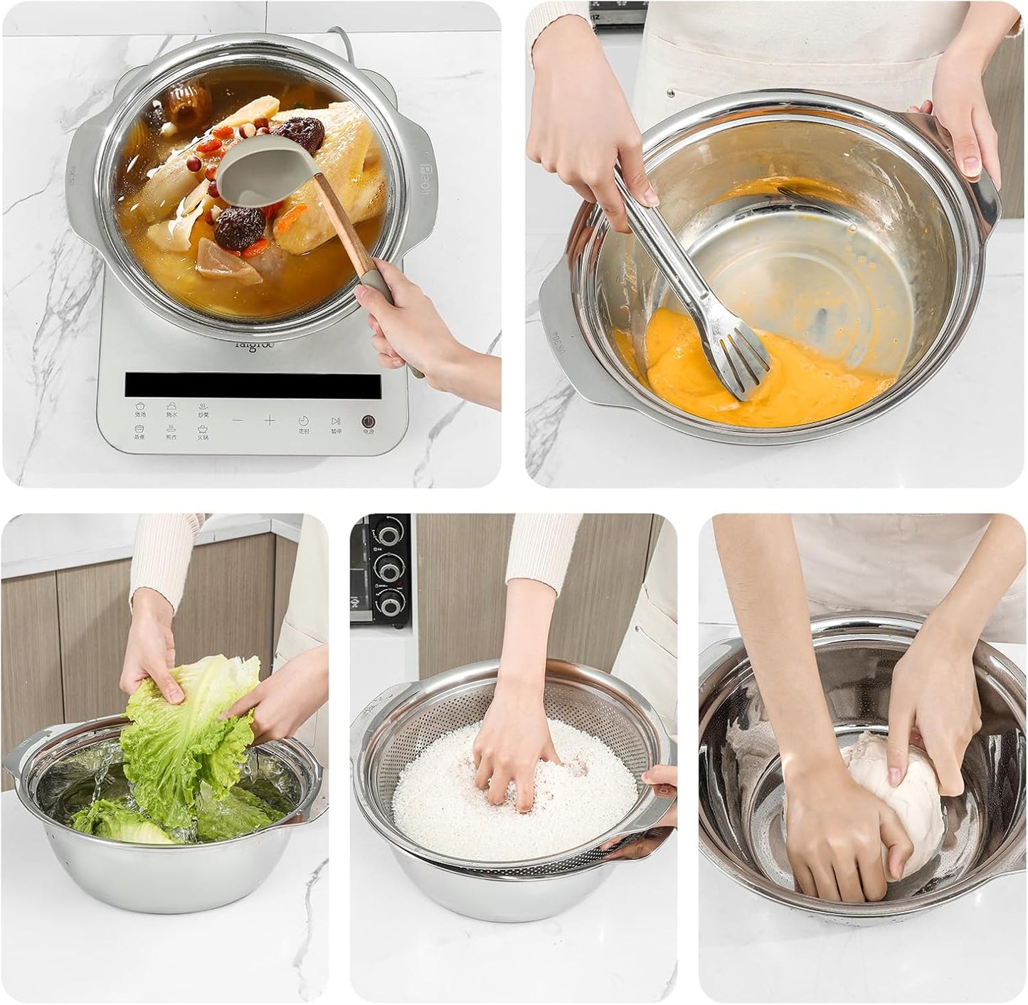 304 Stainless Steel Microporous Colander with Handle, Rice Washers Microporous Strainer Set For washing vegetables, fruits and rice, and draining cooked pasta(5QT with handle-Gold)