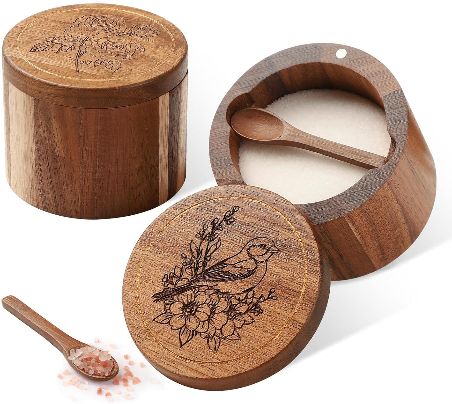 Salt Cellar, 2PCS Salt Container Acacia Wood Salt and Pepper Box for Countertop with Built-in Spoon & Swivel Lid, Wood Salt Holder Bowl for Kitchen, Seasoning Storage (Rose & Bird Engraving)
