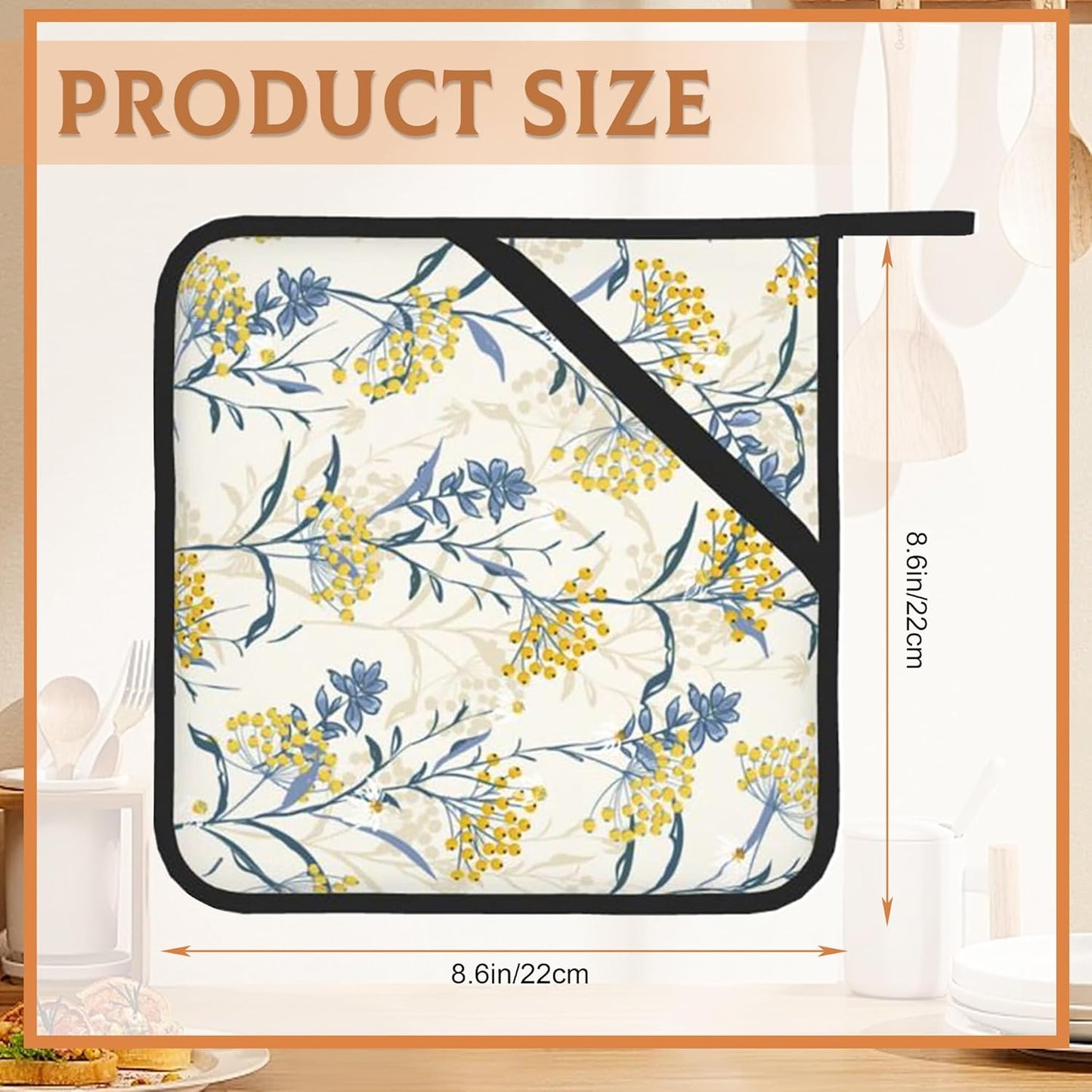 Vintage Floral Plan Pot Holders Set of 2 Heat Resistant Potholders,Yellow Blue Fire Oven Hot Pads for Kitchen Cooking Baking Barbecue