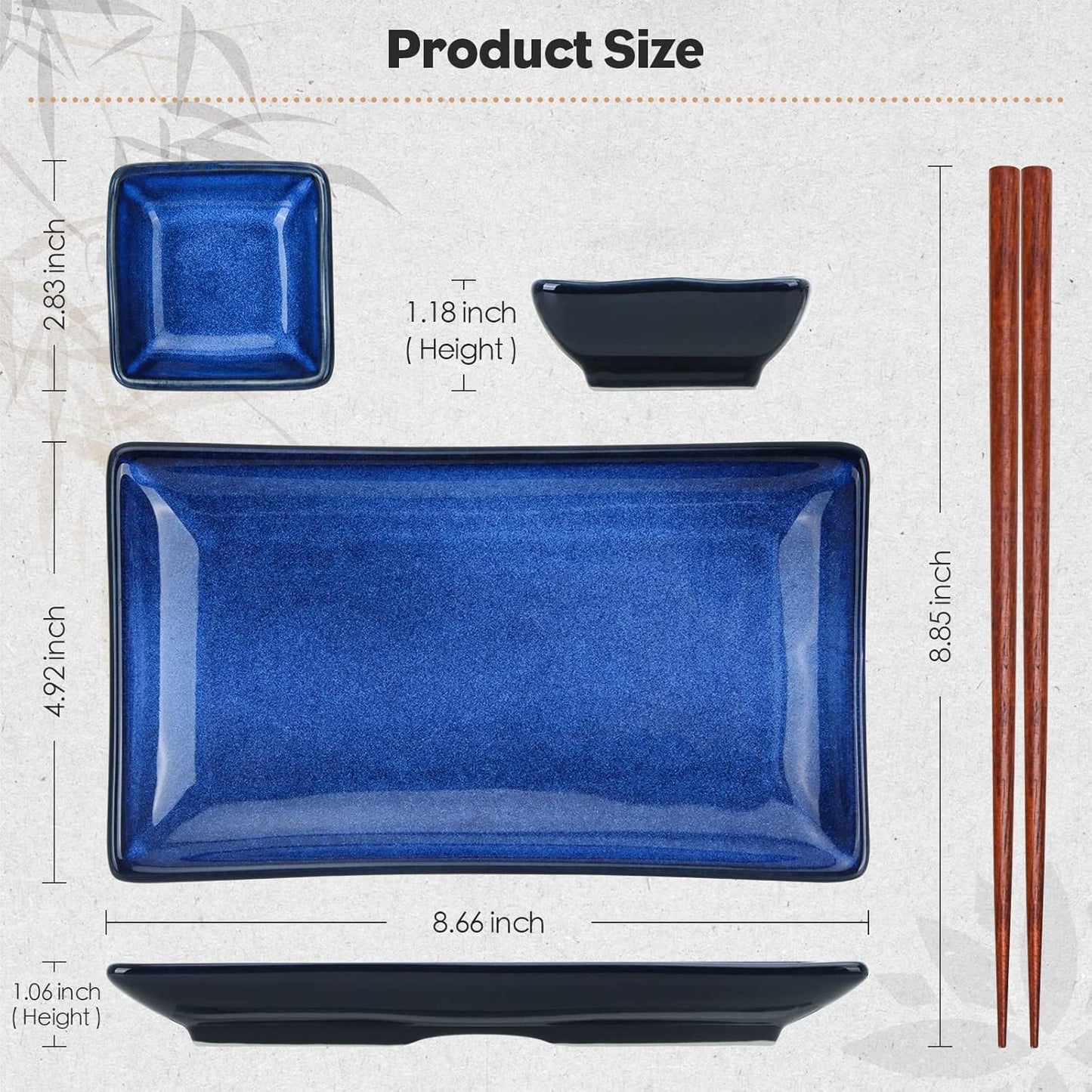 Ceramic Sushi Serving Tray Sets 2, 6 Pieces Japanese Style Porcelain Sushi Plate Set with Soy Sauce Dishes, Bamboo Chopsticks Housewarming Gift, Blue