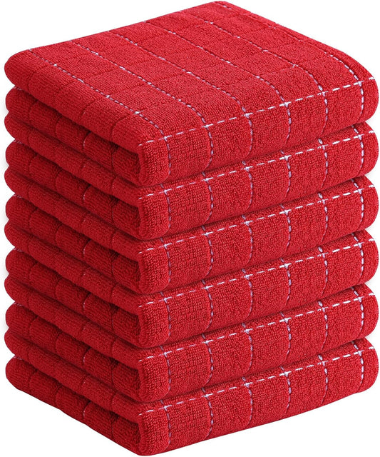Homaxy 100% Cotton Terry Kitchen Towels(Red, 13 x 28 inches), Checkered Designed, Soft and Super Absorbent Dish Towels, 6 Pack