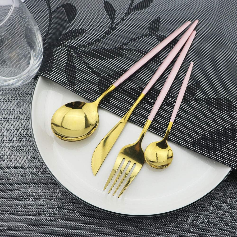 Pink Gold Silverware Set, JASHII 20-Piece Stainless Steel Satin Finish Flatware Set, Kitchen Utensil Set, Mirror Polished Tableware Cutlery Set for Home and Restaurant, Dishwasher Safe