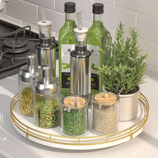 12" Wooden Lazy Susan Turntable for Cabinet – Round Rotating Spice Rack Organizer, White Kitchen Countertop Tray for Dining Table & Pantry Storage (White & Gold)