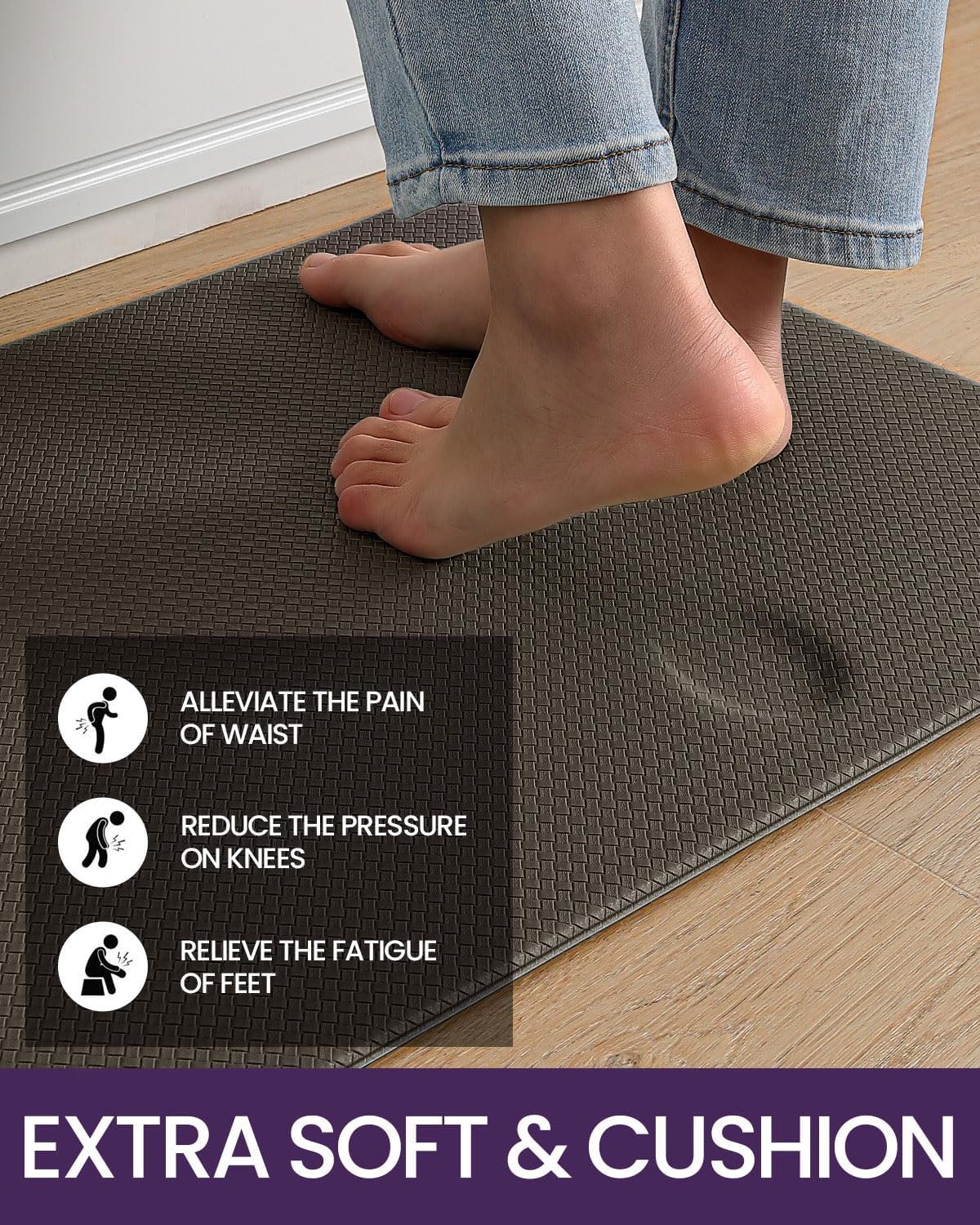 DEXI Kitchen Floor Mats Cushioned Anti Fatigue, 17x59, Standing Runner Rug Waterproof, Comfort Memory Foam Padded for Front Sink Laundry, Brown