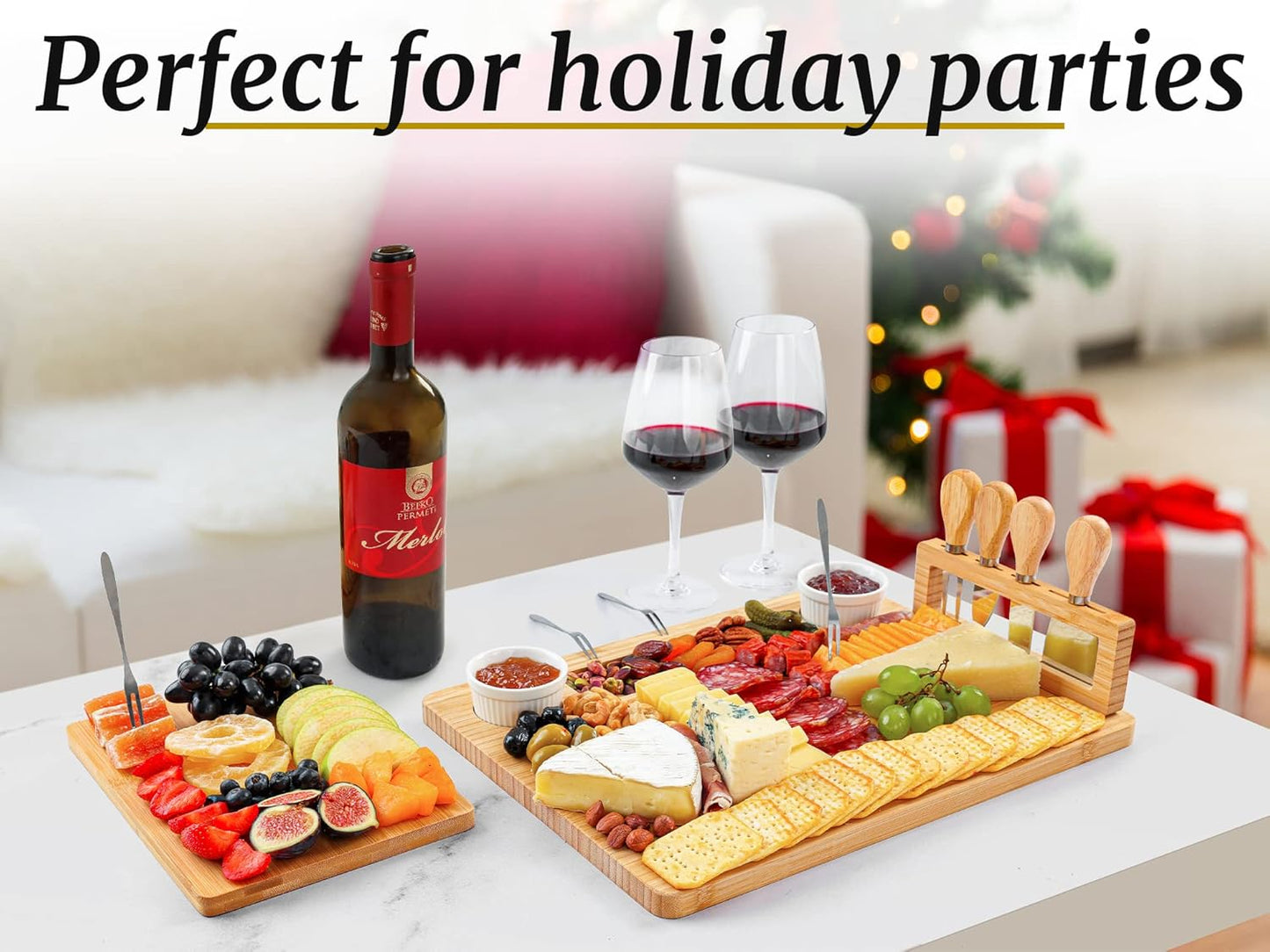 Zulay Kitchen Premium Bamboo Cheese Board Set - Extra Thick Bamboo Charcuterie Board Set with 4 Piece Knife Set - Wooden Cheese Board is Perfect for Charcuterie, Wine and Cheese (Platter Set)