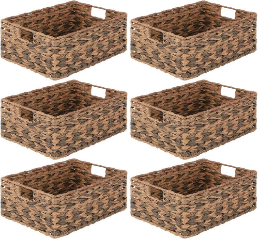 mDesign Woven Farmhouse Kitchen Pantry Food Storage Organizer Basket Bin Box - Container Organization for Cabinets, Cupboards, Shelves, Countertops - Store Potatoes, Onions, Fruit, 6 Pack, Brown Ombre