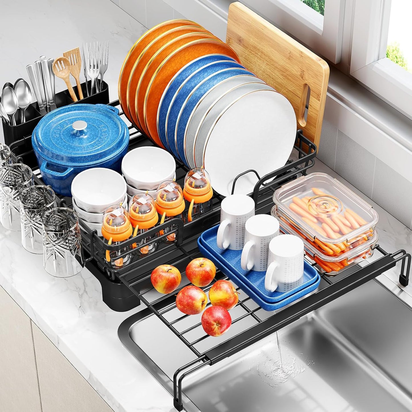 TOOLF Extendable Dish Drying Rack, 2 in 1 Multifunction Dish Rack for Kitchen Counter, Expandable Dish Drainer Over Sink, Large Plate Strainer with Drainboard & Cups Holder, Black