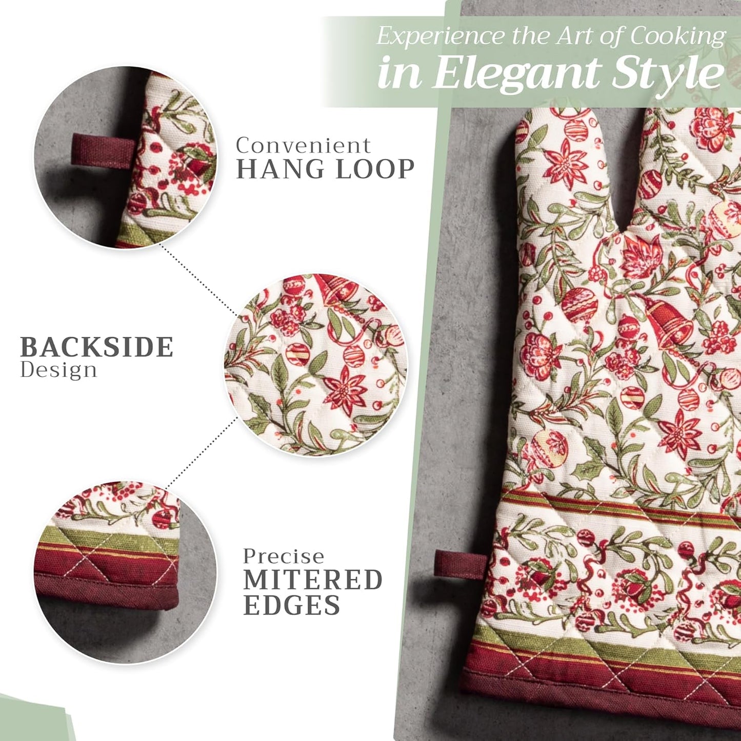 Maison d' Hermine Oven Gloves 100% Cotton Oven Mitt 7" x 13" with Loop Heat Resistant, BBQ, Cooking Gloves, Baking, Grilling, Kitchen, Handling Hot Pans (Pack of 1, Reveillon Au Jardin)