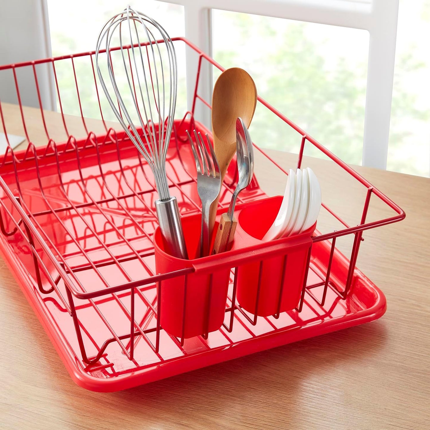 Sweet Home Collection Space-Saving 3-Piece Dish Drainer Rack Set Efficient Kitchen Organizer for Quick Drying and Storage Includes Cutlery Holder and Drainboard Maximize Countertop Space, Bright Red