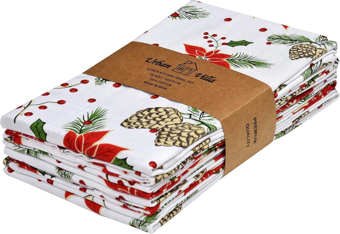 Urban Villa Christmas Kitchen Towels Pine Cone Print Multi Color, Premium Quality,100% Cotton Dish Towels Mitered Corners (Size: 20X30 Inch), Highly Absorbent Bar Towels & Tea Towels - (Set of 6)