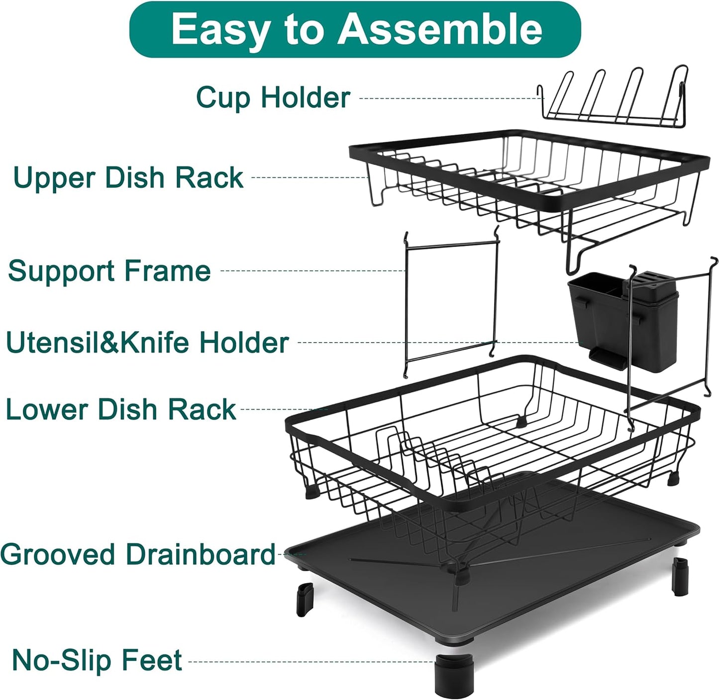 2-Tier Dish Drying Rack for Kitchen Counter,Space-Saving Dish Rack with Drainboard,Rustproof Countertop Dish Drainer with Utensil Holder for Sink,Black