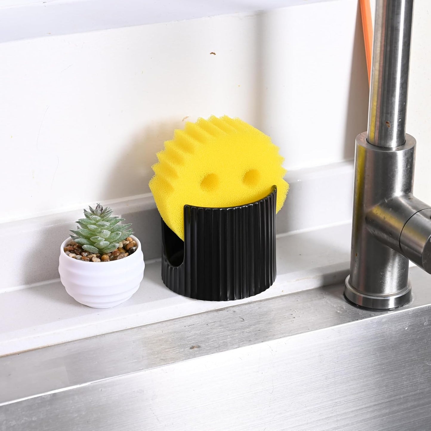 Ceramic Sponge Caddy for Kitchen Sink - Black Dish Sponge Holder, Scouring Pads Drying Rack for Countertop