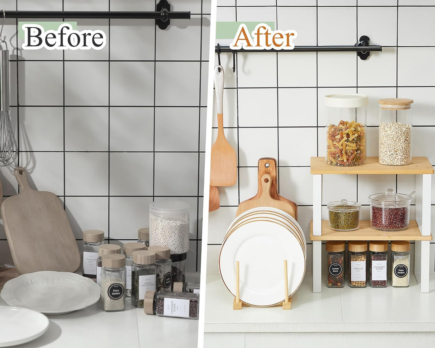 Marsui 4 Pcs Kitchen Organizer Accessories Set Cabinet Organizer Shelf and Bamboo Dish Drying Plate Rack Counter Shelves Storage Holder for Spice Rack, Dish, Pot Lid, Bowl, Cup(Wooden Color)