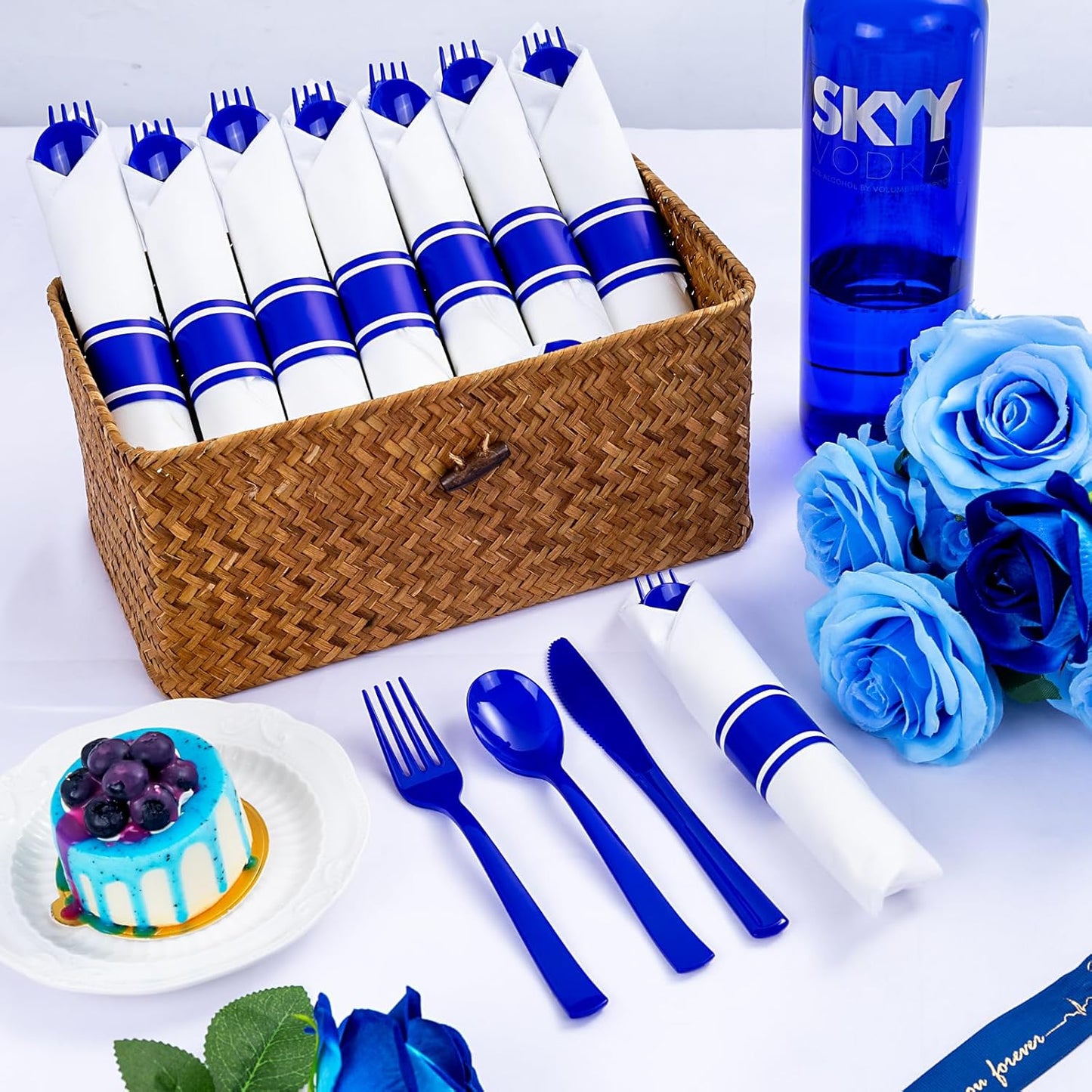 400PCS Pre Rolled Blue Plastic Silverware Sets - Heavy Duty Blue Cutlery - Include 100 Pack Wrapped Disposable Utensils with Napkins for Parties & Dinners & Weddings