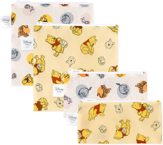 Bumkins - Cloth Snack & Sandwich Bags - For Storage, Travel, Food Prep, Lunch - Reusable, Water Resistant, Washable, Dishwasher Safe - Snack Bags for Kids - Zipper Closure - Winnie the Pooh - 4 Pack