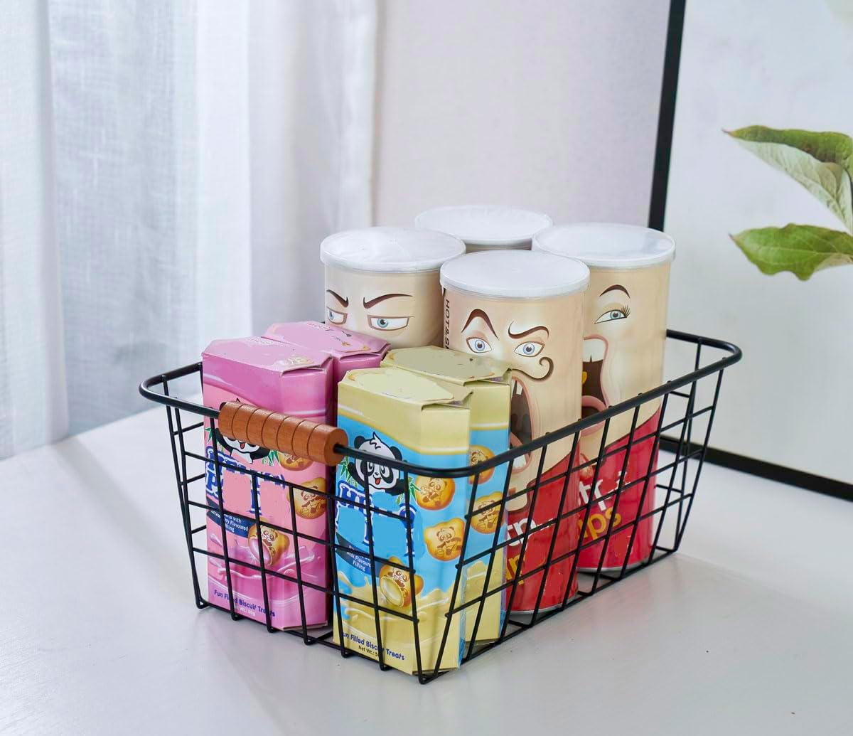 Wire Kitchen Storage Basket 4 Packs,Perfect Pantry Organization Accessories Baskets,Laundry Basket,With a Wooden handle,Suitable for Kitchen,Bathroom,Bedroom,Tabletop,Stackable,Black